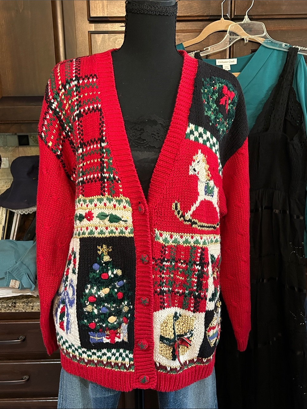 1990’s Tiara Sz L Red Christmas Cardigan - Rocking Horse